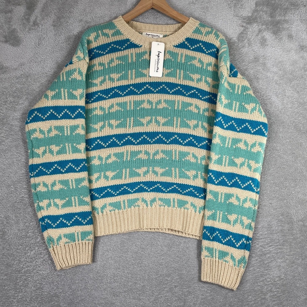 Impressions Sweater Women Large Blue‎ Geometric Fair Isle Knit Crewneck Boho